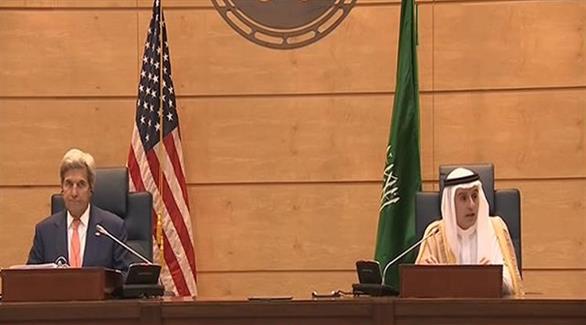 لقاء صحافي بين وزير الخارجية السعودي عادل الجبير ونظيره الأمريكي جون كيري في جدة (أرشيف)