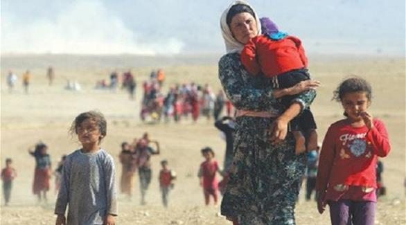مدنية تحمل أحد أبنائها هاربةً من المعارك في شمال العراق (أرشيف)