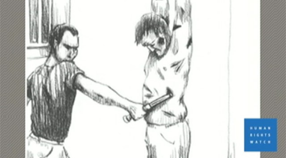 رسمة تصوّر طرق التعذيب في المعتقلات السورية (هيومان رايتس ووتش)