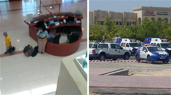 الجهات الأمنية في محيط مبنى نيابة دبي وعلى اليسار صورة المرأة من داخل المبنى