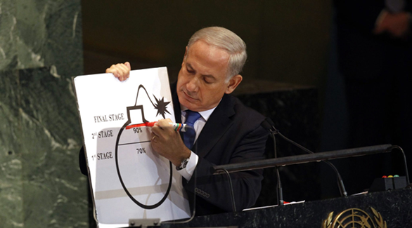 نتانياهو يعبر بالرسم عن قلقه من البرنامج النووي الإيراني، نيويورك (2012)
