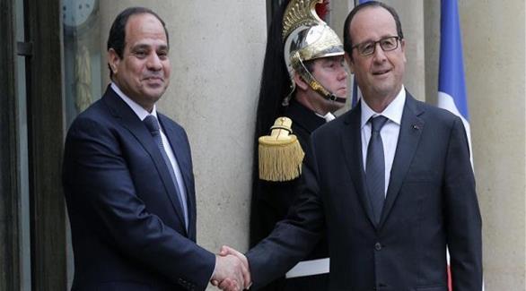 السيسي يسار الصورة وهولاند يمين وتوافق فرنسي مصري على قضايا المنطقة وعلى دعم السيادة الليبية والشرعية(أرشيف)