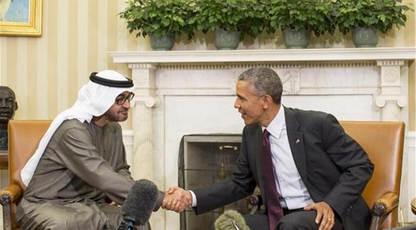 أوباما يرحب  بالشيخ محمد بن زايد خلال المباحثات  التي جرت اليوم في البيت الأبيض (وام)