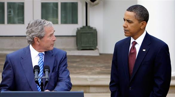الرئيس الأمريكي باراك أوباا والرئيس الأمريكي السابق جورج بوش (أرشيف)