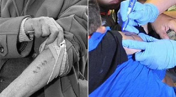ترقيم اللاجئين السوريين يمين الصورة وعلى اليسار أرقام معسكرات الإبادة النازية على ذراع معتقل يهودي (وكالة انسا)