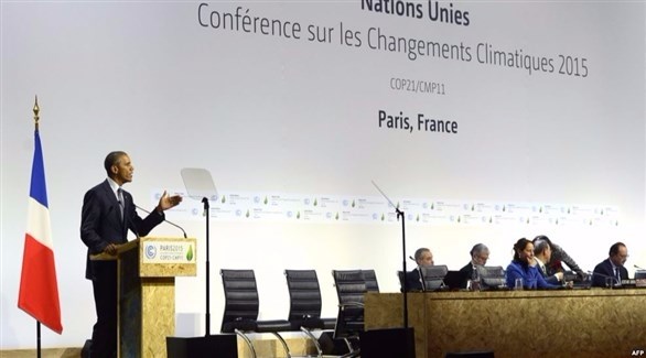 الرئيس الأمريكي باراك أوباما يلقي كلمة في مؤتمر المناخ في باريس 2015 (أرشف)