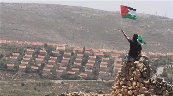 فلسطيني يرفع علم بلاده بوجه المستوطنات الإسرائيلية (أرشيف)