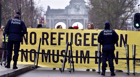 مظاهرات  سابقة ضد الإدارة الأمريكية خلال زيارة مايك بنس للعاصمة البلجيكية بروكسل (رويترز)