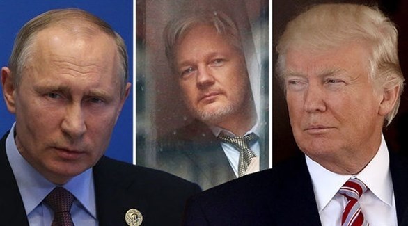 الرئيس الأمريكي دونالد ترامب ومؤسس ويكيليكس جوليان أسانج والرئيس الروسي فلاديمير بوتين (أرشيف)