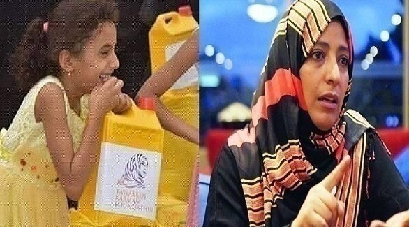 الإخوانية توكل كرمان، و صورتها على علبة زيت توكل في يد طفلة بتعز (نيوز يمن)