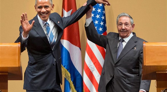  الرئيس الكوبي راؤول كاسترو وأوباما خلال مؤتمر صحفي مشترك لهما في قصر الثورة في هافانا، كوبا