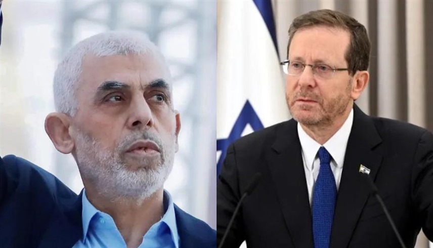 الرئيس الإسرائيلي، إسحاق هرتسوغ وزعيم حركة حماس يحيى السنوار (أرشيف)