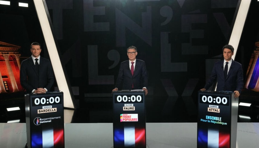 مناظرة تلفزيونية بين رئيس الوزراء الفرنسي غابريال أتال، ومرشح اليسار أوليفييه فور، ومرشح اليمين جوردان بارديلا (إكس)