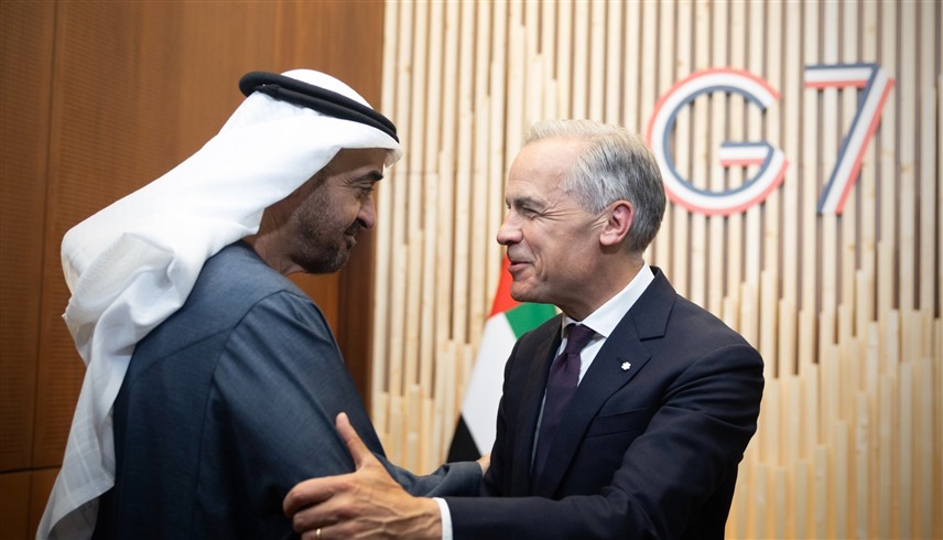 جانب من لقاء رئيس الدولة الشيخ محمد بن زايد مع رئيس وزراء كندا مارك كارني (إكس)