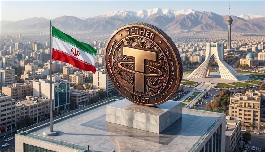 صورة مولدة بالذكاء الاصطناعي لعلم إيران وشعار عملة "تيثر"