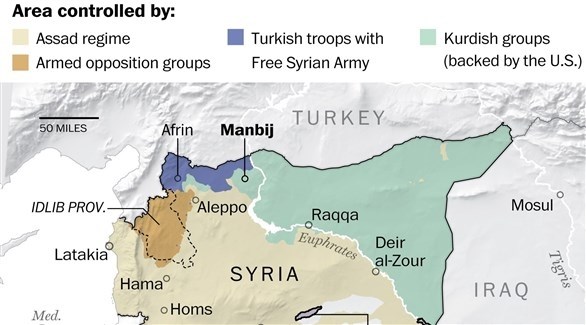 خريطة توزيع النفوذ في سوريا.(واشنطن بوست)
