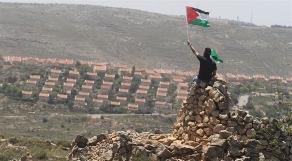 فلسطيني يلوح بعلم بلاده قبالة مستوطنة عوفرا قرب رام الله (أرشيف)