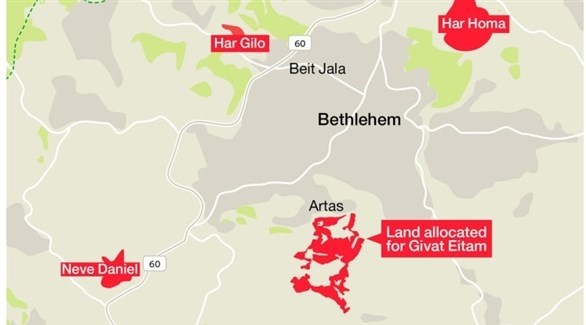خريطة تظهر الكتل الاستيطانية التي تحاصر بيت لحم.(هآرتس)
