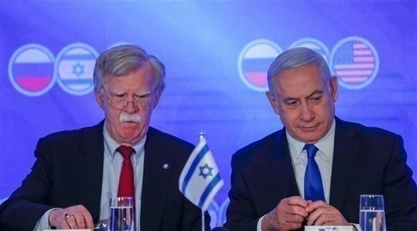 نتنياهو  وجون بولتون في مؤتمر صحافي قبل الاجتماع الثلاثي في القدس (إ ب أ)