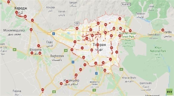خرائط غوغل توضح الطرق المغلقة في طهران بسبب الاحتجاجات (تويتر)