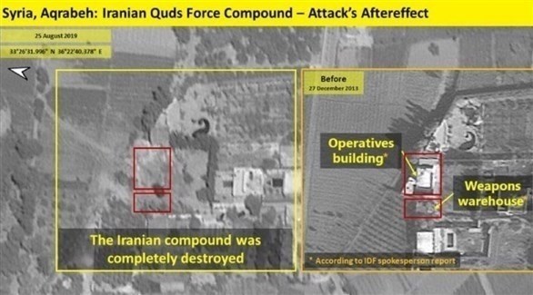 صورة جوية للمواقع الإيرانية التي استهدفها الجيش الإسرائيلي في سوريا أمس (تويتر)