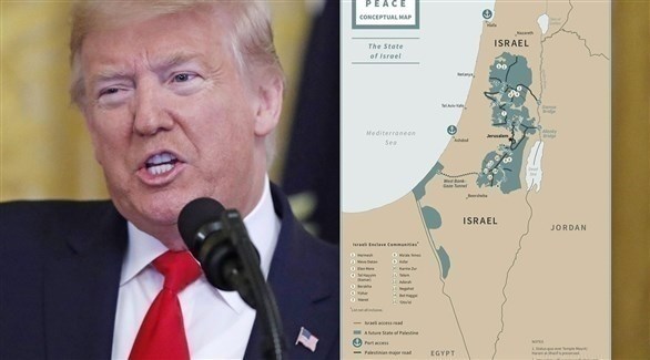 صورة مركبة للرئيس الأمريكي دونالد ترامب وصورة لخريطة فلسطين التي غرد بها على تويتر.(أرشيف)