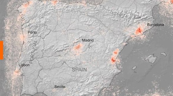 صورة لإسبانيامن وكالة الفضاء الأوروبية تظهر انخفاضًا كبيرًا في مستويات تلوث الهواء (تويتر)