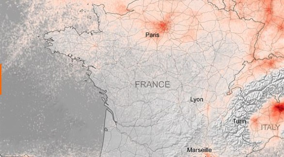 صورة لفرنسا من وكالة الفضاء الأوروبية تظهر انخفاضًا كبيرًا في مستويات تلوث الهواء (تويتر)