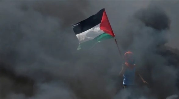 متظاهر يحمل العلم الفلسطيني وسط دخان الإطارات المحترقة (أرشيف)