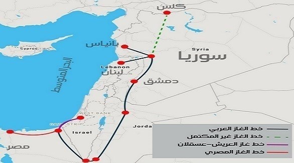 خارطة خط الغاز العربي من مصر إلى لبنان عبر الأردن وسوريا (أرشيف)