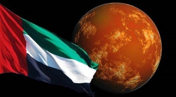 علم دولة الإمارات أمام كوكب المريخ (تعبيرية)