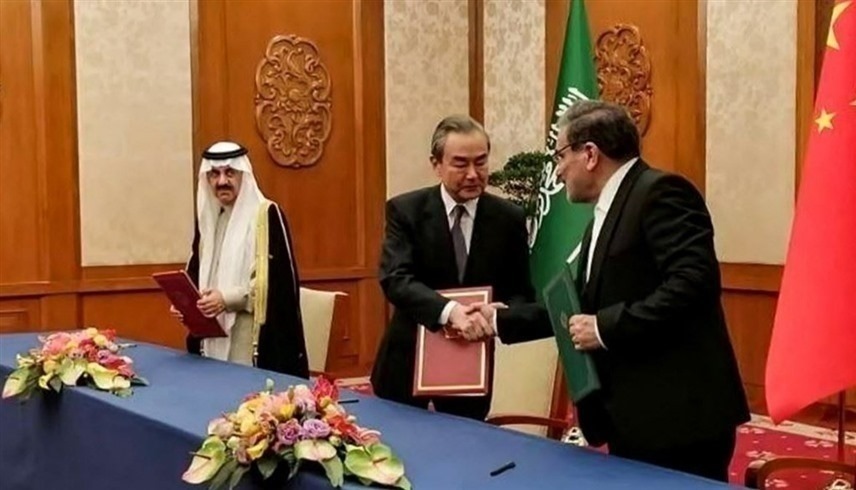 موقعو الاتفاق السعودي-الإيراني في بكين.(أ ف ب)