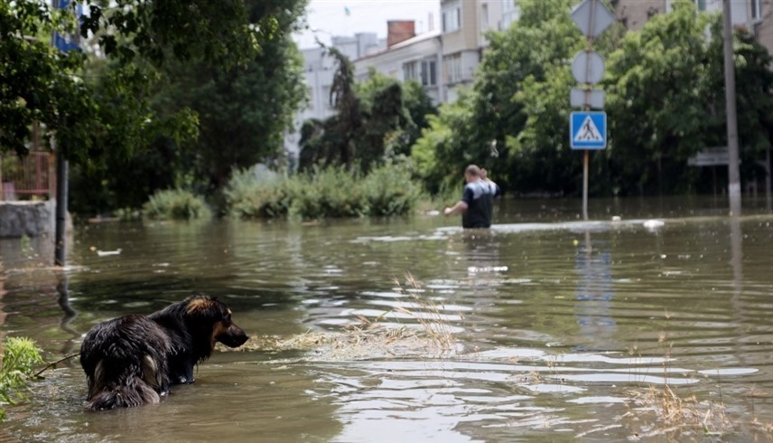 أوكرانيان وسط المياه في خيرسون بعد تفجير السد (أ ف ب)
