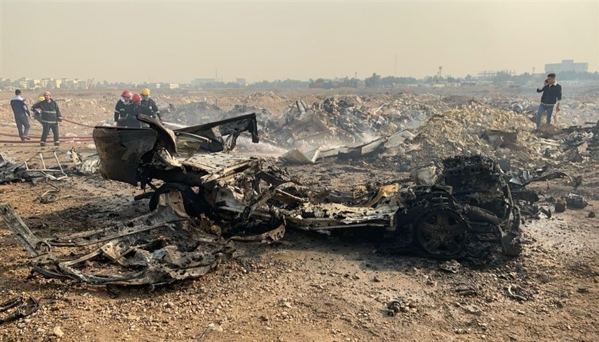 آثار القصف على مقر النجباء في بغداد (إكس)